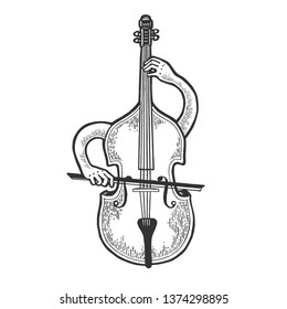 Double bass violin alto cello string instrument plays on itself sketch engraving vector illustration. Scratch board style imitation. Black and white hand drawn image.