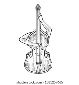 Double bass violin alto cello string instrument plays on itself sketch engraving vector illustration. Scratch board style imitation. Black and white hand drawn image.