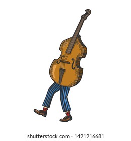 Double bass violin alto cello string instrument walks on its feet color sketch engraving vector illustration. Scratch board style imitation. Black and white hand drawn image.