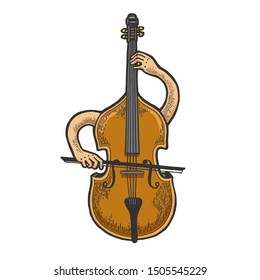 Double bass violin alto cello string instrument plays on itself sketch engraving vector illustration. Tee shirt apparel print design. Scratch board style imitation. Black and white hand drawn image.