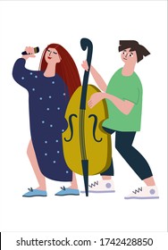 Double Bass And Vocal Duet Performance. Jazz Concert. Female Singer And Contrabass Player Vector Illustration In Flat Style. Isolated On White Background