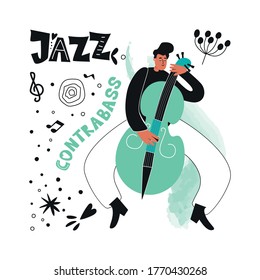 Double bassist jazz musician plays the instrument double bass. Jazz Poster. Vector musical illustration of a double bass player