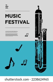 С contrabaspronto, doble vástago. Afiche del festival de música. Instrumentos musicales eólicos. Competencia. Un conjunto de ilustraciones vectoriales. Diseño minimalista. Cartel, volante, portada, impresión.