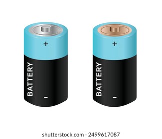 Double battery set. Wireless charging energy sign. Full charge with lighting on white background. Batteries 3D for electrical appliances and devices. Vector illustration.