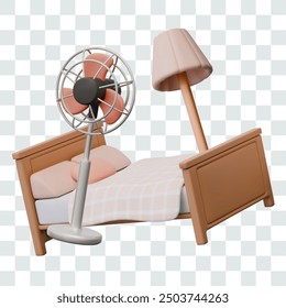 Double bed with bed accessories, floor lamp, fan on high stand