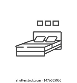Double bed, bedroom interior line icon. 
