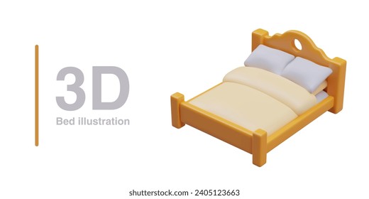 Double bed with carved headboard. 3D bed frame with wooden back. Bedclothes with two pillows. Illustration for furniture and bedding store. Vector design