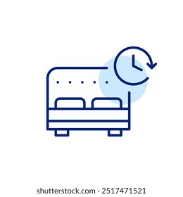 Double bed and clock. Sleep schedule, health routine. Rest duration tracking app. Pixel perfect, editable stroke icon