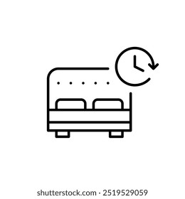 Double bed and clock. Sleep schedule, health routine. Rest duration tracking app. Pixel perfect vector icon
