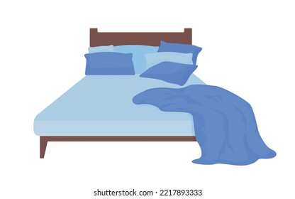 Double bed with crumpled blanket semi flat color vector object. Editable element. Full sized item on white. Bedroom simple cartoon style illustration for web graphic design and animation