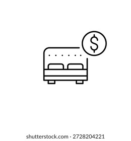 Cama doble y signo de dólar. Gastos de hotel y alojamiento. Coste de vacaciones y vacaciones. Icono de Vector de trazo perfecto y editable