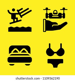 double bed, drone, water ski and bikini vector icon set. Sample icons set for web and graphic design