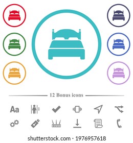 Double bed flat color icons in circle shape outlines. 12 bonus icons included.