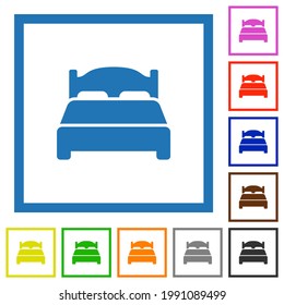 Double bed flat color icons in square frames on white background