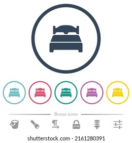 Double bed flat color icons in round outlines. 6 bonus icons included.