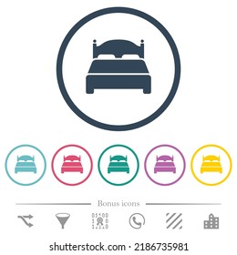 Double bed flat color icons in round outlines. 6 bonus icons included.