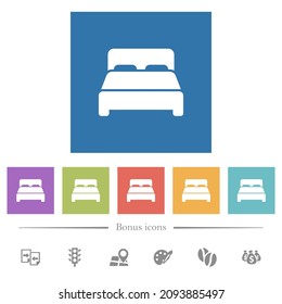 Double bed flat white icons in square backgrounds. 6 bonus icons included.