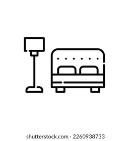 Double bed and floor lamp. Bedroom or hotel room furniture. Pixel perfect, editable stroke icon