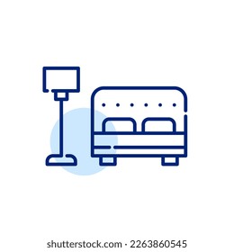 Double bed and floor lamp. Bedroom or hotel room furniture. Pixel perfect, editable stroke icon