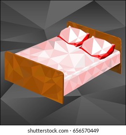 Double bed. furniture for sleep and rest. Low poly design. Red, brown color. Decorative furniture made of triangles. bed with pillows. Vector illustration.