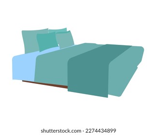 Cama doble con sábanas verdes y almohada para la habitación.