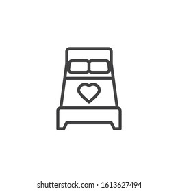 Double bed with heart line icon. linear style sign for mobile concept and web design. Romantic bed for newlyweds outline vector icon. Symbol, logo illustration. Vector graphics