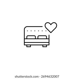 Cama doble y corazón. Hotel romántico, suite de luna de miel. Icono de Vector de trazo perfecto y editable