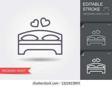 Double bed and hearts. Line icon with editable stroke. Linear wedding symbol