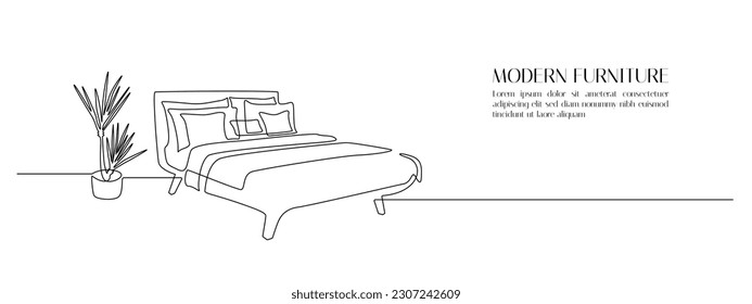 Double bed and home plant in continuous one line drawing. Scandinavian stylish furniture for cozy loft bedroom in simple linear style. Editable stroke. Doodle vector illustration