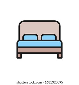 Cama doble, icono de la línea plana de la habitación del hotel.