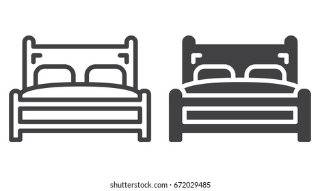 Double bed icon, line and solid version, outline and filled vector sign, linear and full pictogram isolated on white. Symbol, logo illustration