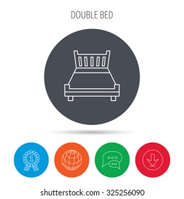Double bed icon. Sleep symbol. Globe, download and speech bubble buttons. Winner award symbol. Vector