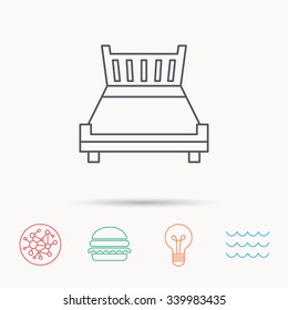 Double bed icon. Sleep symbol. Global connect network, ocean wave and burger icons. Lightbulb lamp symbol.