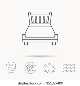 Double bed icon. Sleep symbol. Global connect network, ocean wave and chat dialog icons. Teamwork symbol.
