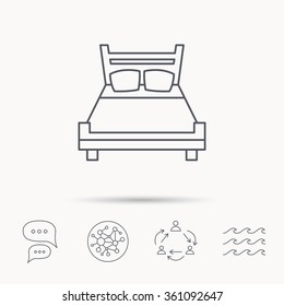 Double bed icon. Sleep symbol. Global connect network, ocean wave and chat dialog icons. Teamwork symbol.