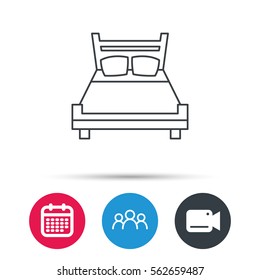 Double bed icon. Sleep symbol. Group of people, video cam and calendar icons. Vector