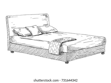 Double Bed Isolated On White Background. Vector Illustration In Sketch Style.