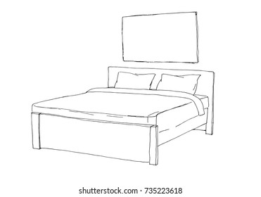 Double bed isolated on white background. Vector illustration in sketch style.