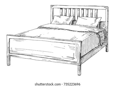 Double bed isolated on white background. Vector illustration in sketch style.