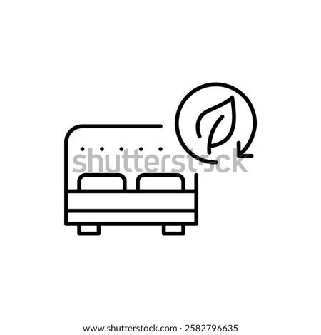 Double bed and leaf in recycling arrow. Organic bedding, sustainable hotel and living. Eco-retreat and wellness. Pixel perfect vector icon