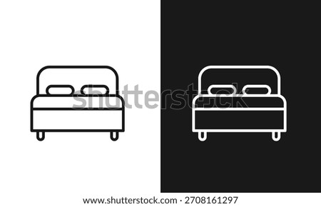 Double Bed Line Art Icon with Pillows for Hotel Accommodation, Bedroom Furniture, and Sleep Concepts