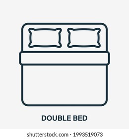 Double Bed Line Icon. Pillow and Blanket Outline Pictogram. Bedding Linear Icon. Top view. Size of Bed. Logo for interior store. Editable stroke. Vector illustration.