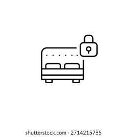 Cama doble y cerradura. Hogar inteligente, alojamiento seguro en el hotel. Icono de Vector de trazo perfecto y editable