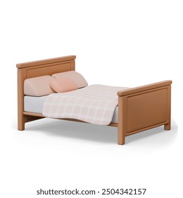 Double bed with mattress, blanket, pillows. Classic wooden bedroom furniture