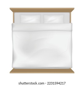 Double bed with mattress, white duvet blanket, sheets and pillows. Realistic bed for family bedroom, guest room or hotel isolated on white background. Vector illustration