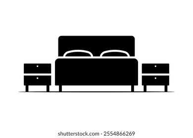 Double bed and nightstands icon. Black silhouette. Front side view. Vector simple flat graphic illustration. Isolated object on white background. Isolate.