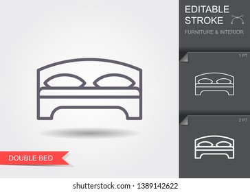 Double bed. Outline icon with editable stroke. Linear symbol of the furniture and interior with shadow