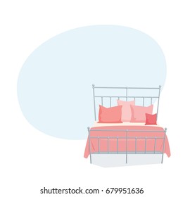 Double bed and pillow with blanket in modern style cartoon vector illustration. Bedroom furniture. Metallic duvet background