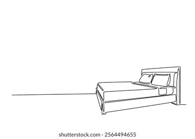 Double bed with the pillows in continuous one line drawing design. Minimalist single line draw of bedroom furniture.