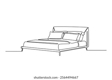 Double bed with the pillows in continuous one line drawing design. Minimalist single line draw of bedroom furniture.